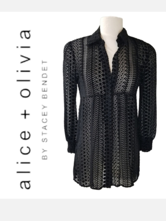 Alice + Olivia Tops - Alice + Olivia Black Semi Sheer Velvet Burnout Buttondown Babydoll Blouse XS-S